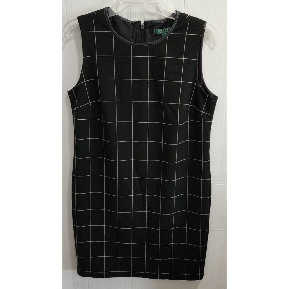 Lauren Ralph Lauren Women's Sleeveless Shift Dress Leather Trim Black Check Sz 8
